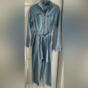 Express Women's Zip Up Denim Utility Jumpsuit Blue XS Cuffed Hem Belted